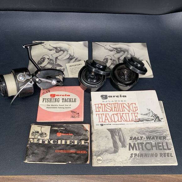 Vintage Garcia Mitchell 300 Spinning Reel - Made In France Manuals Extra Spools - Picture 1 of 16